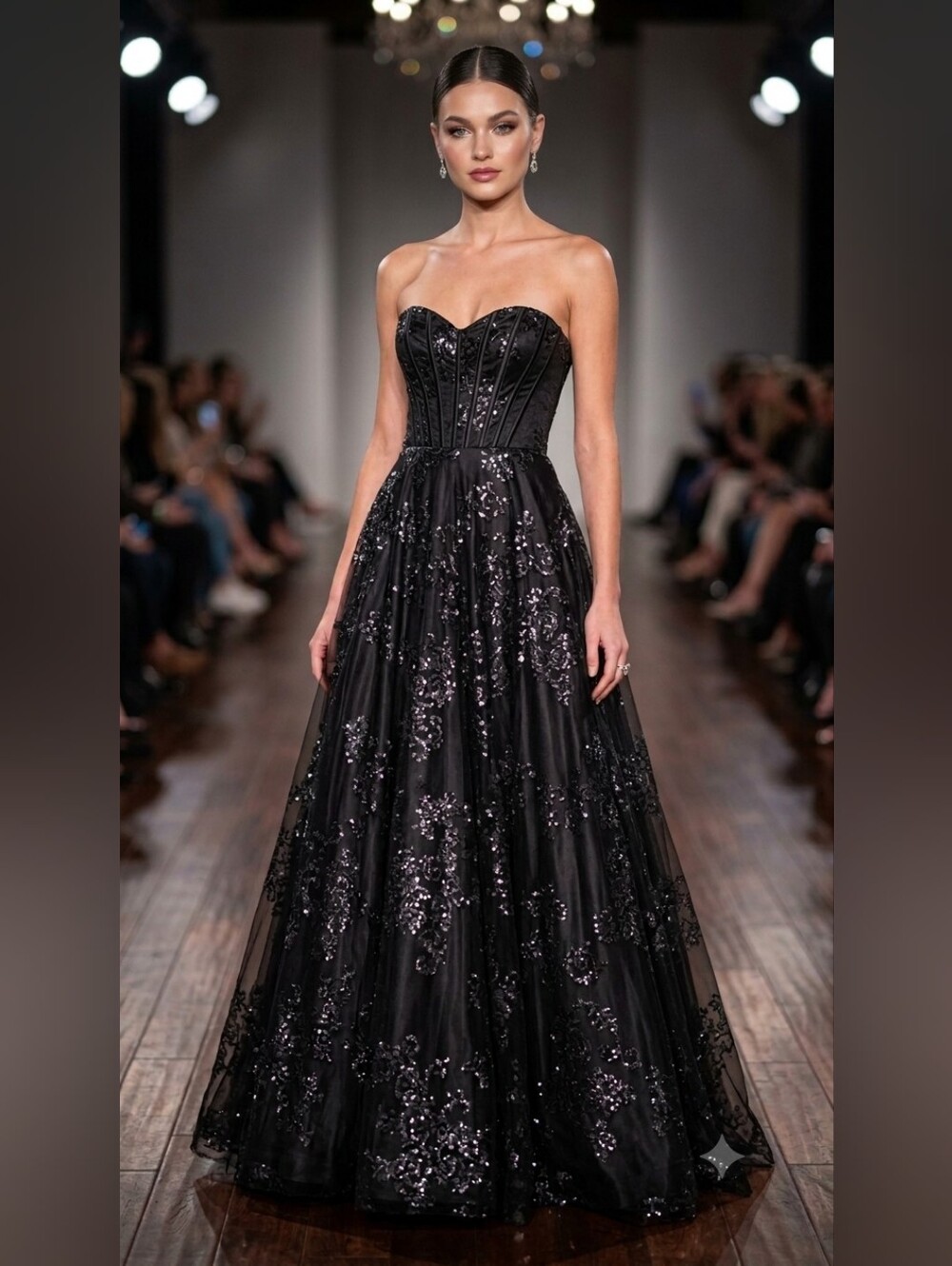 Blondie Nites Strapless Black Glitter Floral Ball Gown Size 1